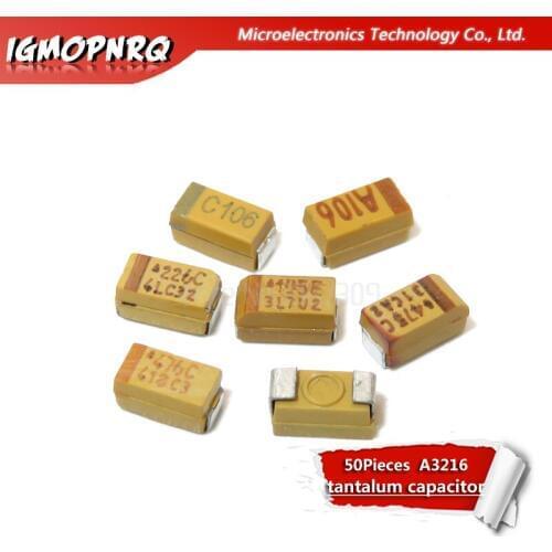 50pcs A 3216 16V1UF 16V4.7UF 16V10UF 16V22UF 10V10UF 25V1UF 16V47UF SMD tantalum capacitor