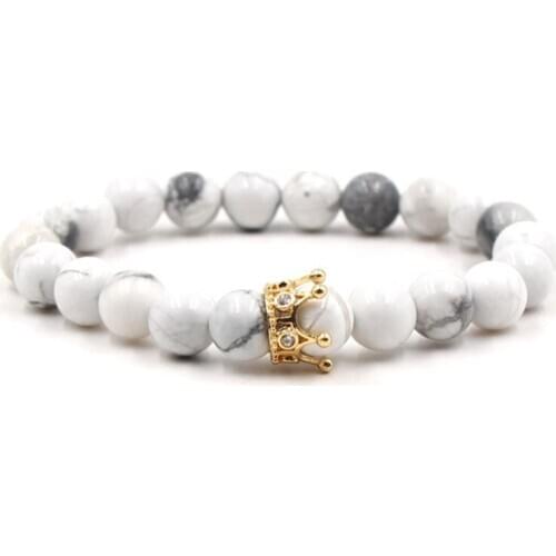 8mm gef2 elastic adjusted nature white Howlite micro pave cz zircon cubic zirconia Crown Charm Bracelet