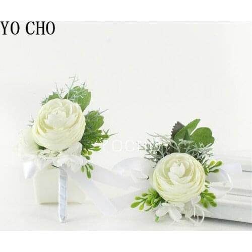 White Tea Rose Artificial Flowers Groom Boutonniere Bracelet Bridesmaids Wedding Corsage Pins Buttonhole Men Wedding Witness