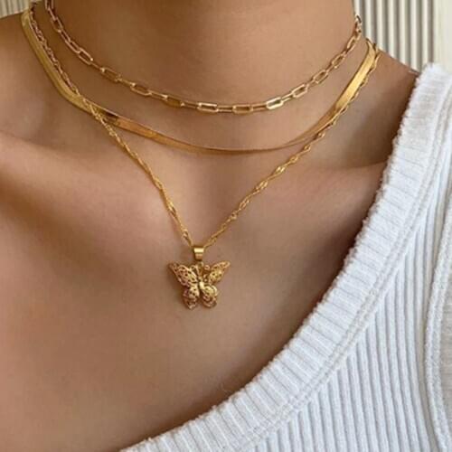 YWZIXLN Boho Charm Multi-layer Chain Gold Color Butterfly Pendant Fashion Necklaces Bijoux For Women Elegant Choker Jewelry N059
