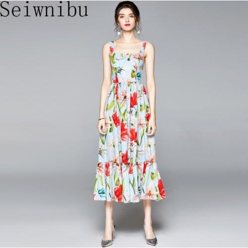 Long Dress 2020 Summer New WomenS Fashion Party Sexy Boho Beach Vintage Elegant Chic Gentlewoman Print Suspenders Dresses