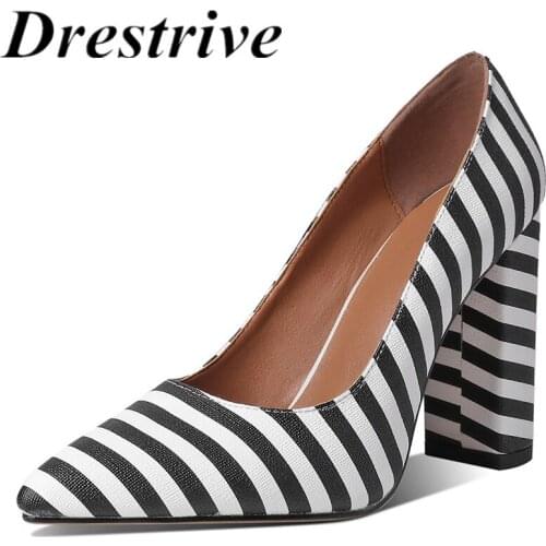Drestrive Women Pumps Black Stripe Pointed Toe Shallow 2021 Summer Office High Heel Shoes Size 43 Thick Heel Flock