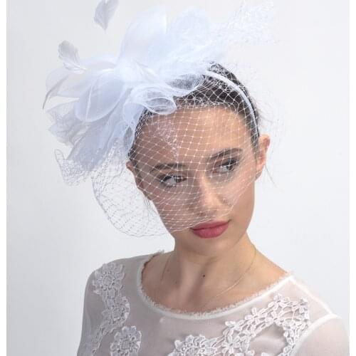 TOPQUEEN FG18 Russian Tulle Cage Vei Birdcage Veil Blusher Veil White Flower Headband Veil for Bridal Face Veil Cocktail Hats