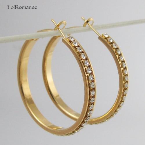 Foromance / NEW HIGH SHIN LOTS OF CZ STONES IN THE MIDDLE OF BAND YELLOW GOLD COLOR ROUND HOOP EARRING DIAMETER 40mm 1.57 INCH