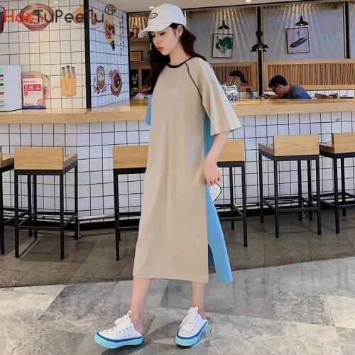 T Shirt Dress Midi Girls Summer 2021 New Cotton Oversize Loose Long Tees Patchwork Colour Block Split Pullover Casual Vestidos