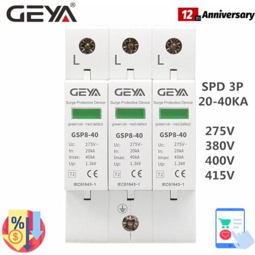 GEYA GSP8-3P Electric Surge Protector 275V 385V 400V 440V 40KA SPD House Surge Protector EU
