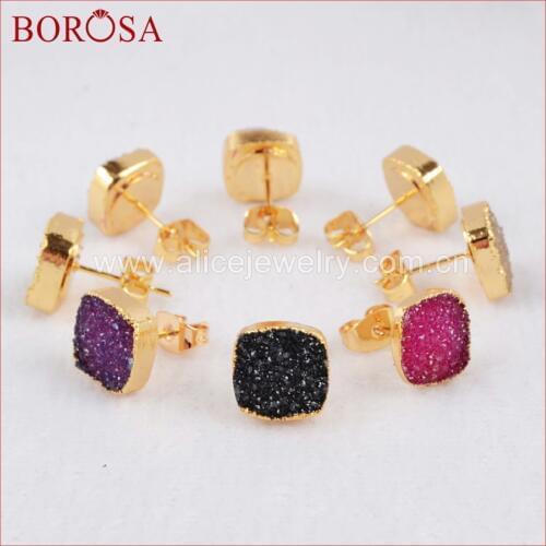 BOROSA 1 piece 10mm Square Agates Druzy Stud Earrings Gold Color Druzy Stud Earrings for Jewelry G0201,Only Blue