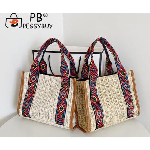 Small Beach Handbags Women Summer Bags Fashion Woven Shoulder Shopping Bag Casual Women Patchwork Large Tote Handbags