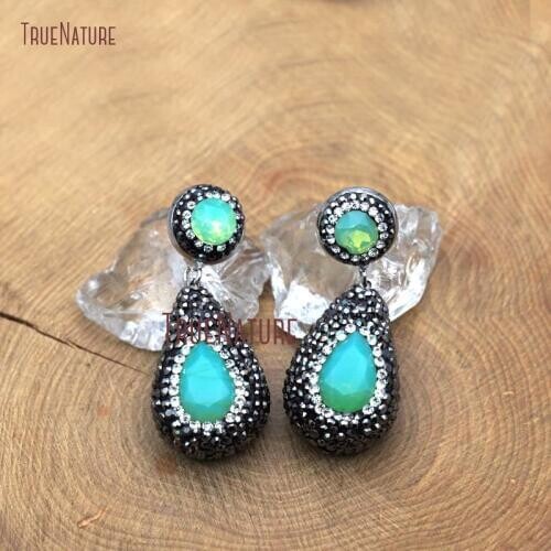 Pave Gun Metal Rhinestone Electroplated Glass Stud Jewelry Earrings Faceted Water Drop Crystal Stud Earring 20*31 mm ER7977