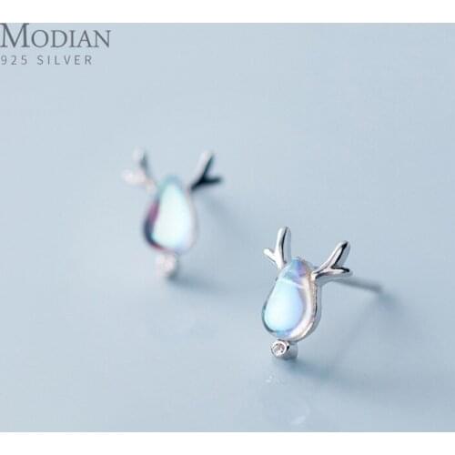 Modian Sterling Silver 925 Jewelry Animal Cute Deer Stud Earrings for Women Water Drop Opal Anti-allergy Ear Studs for Girl Kids