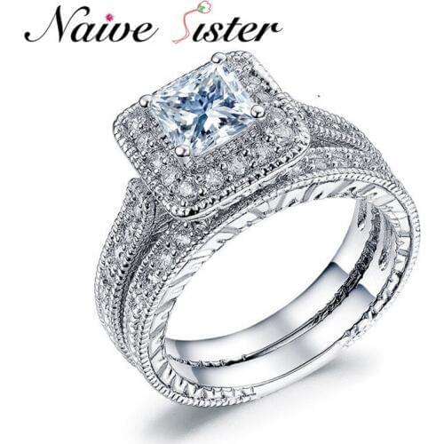 Fashion Solid White Gold Color Ring 2-Pcs Wedding Engagement Ring Set 1.5 Ct Princess Cut Jewelry