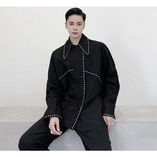 Mens Youth Korean Fashion Two Tone Studs Long Sleeve Loose Casual Shirt Top Black White