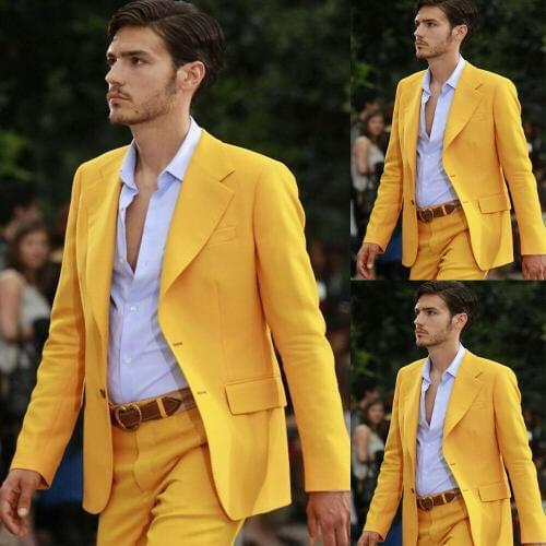 Summer Beach Yellow Mens Suits Handsome Slim Fit Two Button Wedding Tuxedos Business Prom Party Blazer Jacket (Jacket+Pants)