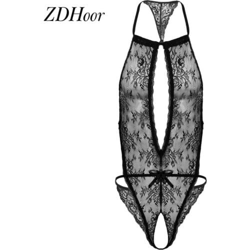 Mens Sexy Bodysuit Nightwear Lace Floral Lingerie Halter Neck Backless Jumpsuit Gay Mens Sissy Open Crotch Underwear Sleepwear