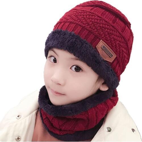 New Children Winter Thick Hat and Scarf Set for Boys Girls Plus Velvet Knitted Cap Collar Kids Fleece Skullies Beanies Balaclava
