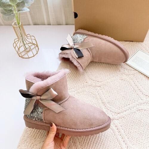 New arrival 2020 snow boots ladies high quality sheepskin fur snow boots ladies shoes ribbon shiny ankle boots free shipping