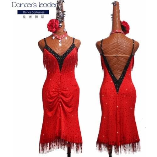 New Latin dance competition clothing high-end bead tube tassel performance clothing red sling wrap hip competition clothing