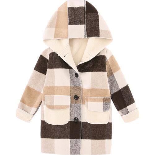 Girl plus plaid coat Girl autumn and winter windproof warm coat Girl woolen plaid trench coat Girl hooded woolen coat