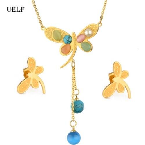 UELF Stainless Steel Jewelry Set Blue Drop Crystal ball CZ Dragonfly Necklace Earring Wedding Accessory