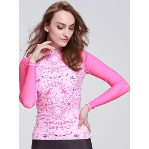 Women Long Sleeve Rash Guards Shirt for Surfing Canoe Paddle Boarding bodysurfing bodyboarding windsurfing kayaking Pink Printed