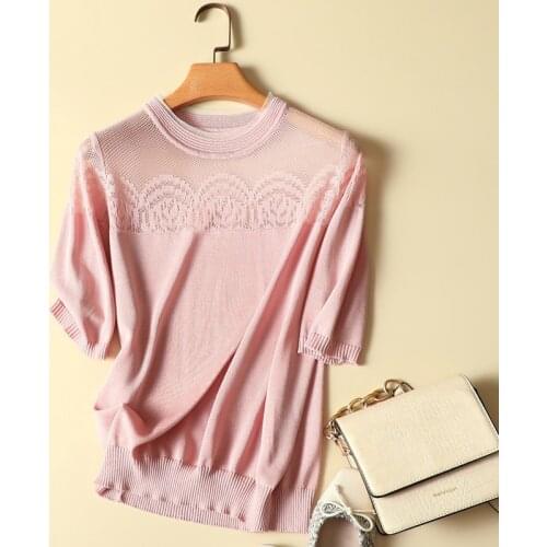 Solid Lace Hollow Out Knitted Women T-Shirts 2020 Summer New O-Neck Short-Sleeved Loose Office Lady Elegant Pulls Tops Tees