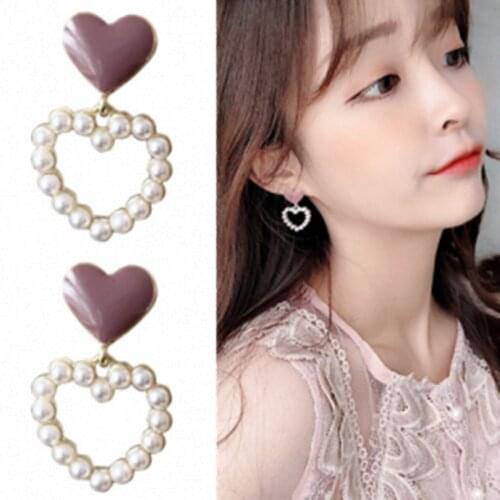 S925 Silver Needle Korean Sweet Girl Earrings 2021 New Temperament Drop Oil Hollow Peach Heart Shaped Pearl Fashion Earrings