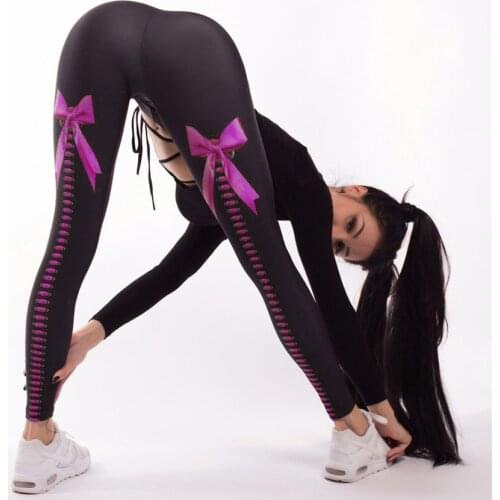 Women Sporting Leggings Fitness Push Up Sexy Bow Digital Printing Hip Elastic High Rise Waist Black Pants