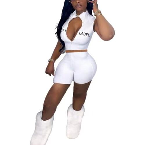 2Pcs Womens Suit Summer Sexy Tracksuit Letter Embroidery Sleeveless Zipper Crop Tops Elastic High-Waist Shorts for Girls