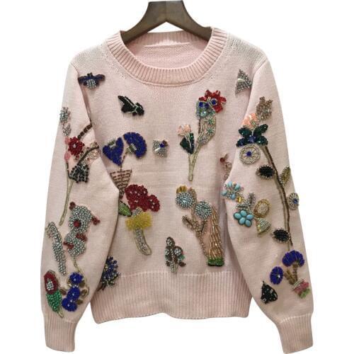 Winter Luxury Pink Knited Sweater Pullovers Women Runway Designer Floral Embroidery Ladies Christmas sweater Jumper Clothing