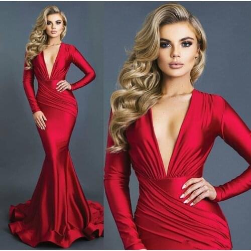 Sexy Long Red Mermaid Evening Dresses Deep V-neck Long Sleeves Spandex Formal Dress Evening Gowns Prom Dress Vestidos платье