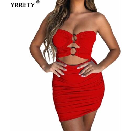 YRRETY Off Shoulder Bodycon Summer Dress Women Ruched Hollow Out Backless Club Party Mini Bandage Sexy Polyester Tube Clothes