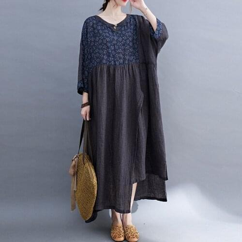 One-Piece Autumn Dress Women Clothing Oversize Vintage Floral Print Cotton Linen Casual Long Dress Female Elegant Lady Maxi Dres