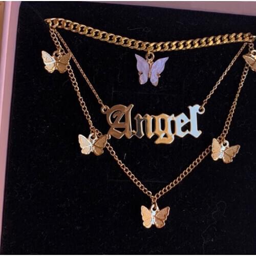 Flatfoosie Multi Layer Butterfly Choker Necklace For Women Gold Color Punk Letter Pistol Dragon Pendant Necklace Fashion Jewelry