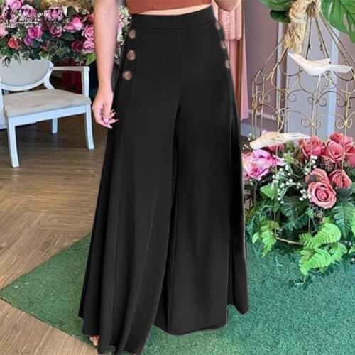 Womens Fashion Autumn Pants Vintage Elastic Waist Trousers ZANZEA Casual Wide Leg Pants Female Solid Button Bottoms Plus Size