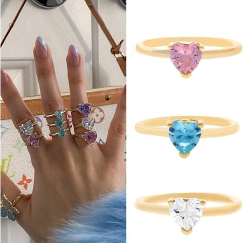 Ins Love Heart Zircon Finger Ring Exquisite Colorful Multicolor Female Jewelry Accessories For Girlfriend Women Engagement Gift