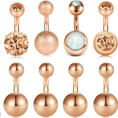 14G 6mm Short Belly Button Rings Belly Piercing Crystal Zircon Ball Navel Rings Stainless Steel Body Piercing Rose Gold