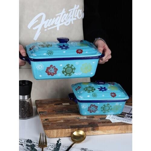 Creative ceramic pot baking pan with lid rectangular double ear anti-scalding cheese baked rice pan dinner plates set CL102401