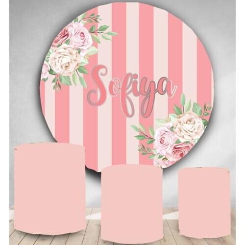 Round Panel circle background pink stripes flower girls Birthday party decor candy dessert table banner vinyl fabric customize