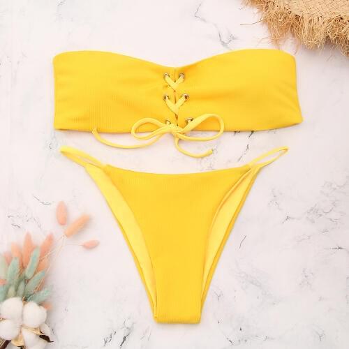 Kophia 2018 High Waist Swimsuit Sexy Bikini Set Yellow color Bathing Suits Swimwear Bandaged Bikinis Women Push up Swimwear