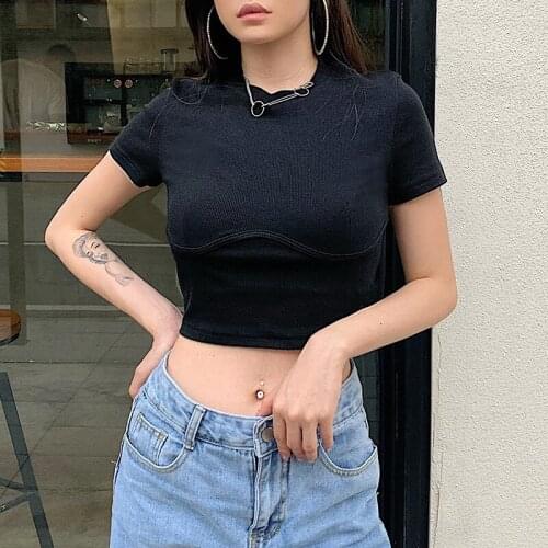 Summer Casual Wild Slim Crop Top Solid Color Short Sleeve O-Neck Fitting T-Shirt Ladies Young Girls Daily Leisure Wear Shirt