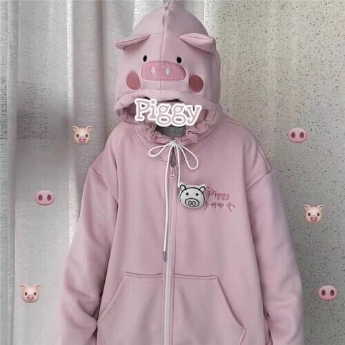 Pink Cute Pig Streetwear Heart Tops Girls Summer Lovely Fashion Loose New Oversized Womens Casual Japan High Street Sweatshirts