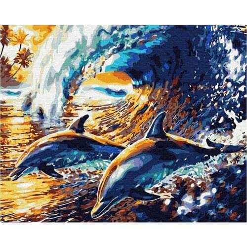 FSBCGT Oil Painting By Numbe Dolphins Jumping In The Sea DIY Picture By Number Kits Drawing On Canvas Home Wall Art Decor