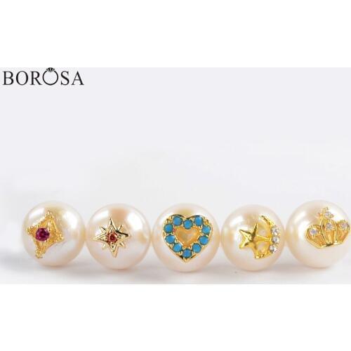 BOROSA Natural Pearl Earring with Rhinestone, 10Pairs 11mm Freshwater Pearls With Multi CZ Paved Stud Earring Jewelry G1918