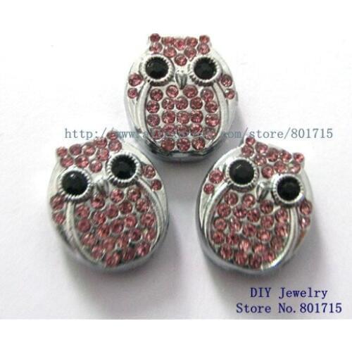 Wholesales 50pcs owl pink rhinestone Slide charms Internal Dia.:8mm zinc alloy Can through 8mm band pet collar key chain