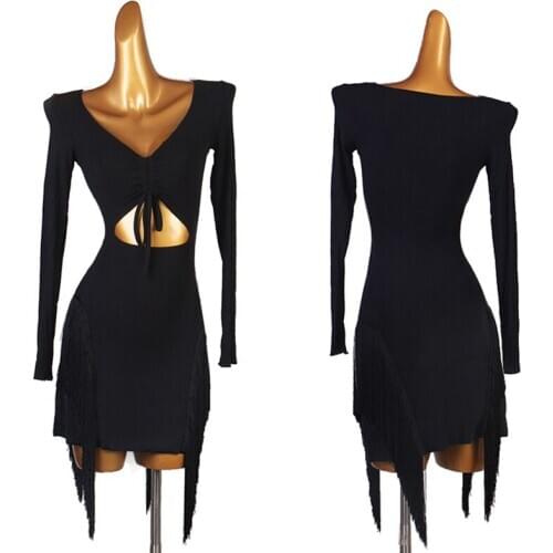 Sexy V-Neck Latin Dance Dress Practice Clothes Tassel Dance Skirt Chacha Dance Ballroom Latin Dance Competition Dresses DQS6497