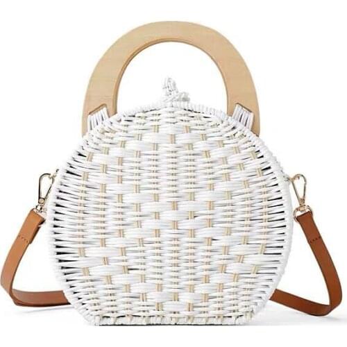 Semi Circular Rattan Woven Bag Women White Hand-held Beach Bag Female Shoulder Bag