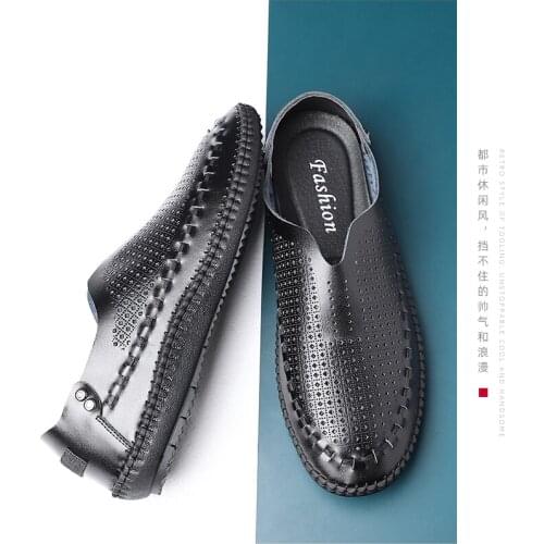 New Summer Mens Sandals Wear Soft Breathable and non-slip Sole Leather Toe Cap Hole Shoes Cowhide Casual Hollow Sandals