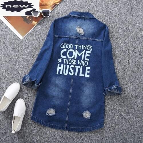 Hole Ripped Letter Print Long Sleeve Womens Denim Korean Spring Autumn Medium Length Plus Size Casual Shirts Streetwear