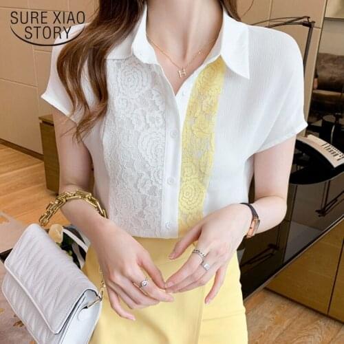 2021 Summer New Style Lace Stitching Chiffon Shirt Ladies Shirt Elegant Office Ladies Tops Casual Fashion Solid Blouses 15053