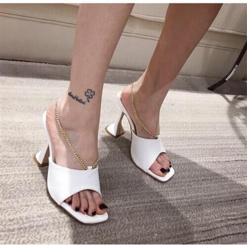 2020 Sexy PU pattern PU Square head Peep Toe High Heel Slippers Summer Fashion Slip On Thin Heels Slides Women Mules
